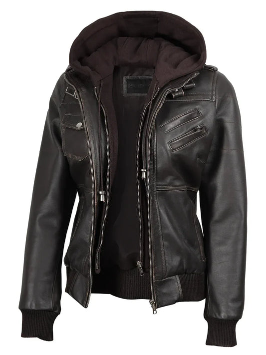 Women's Dark Brown Rub-Off Leather Jacket with Detachable Hood