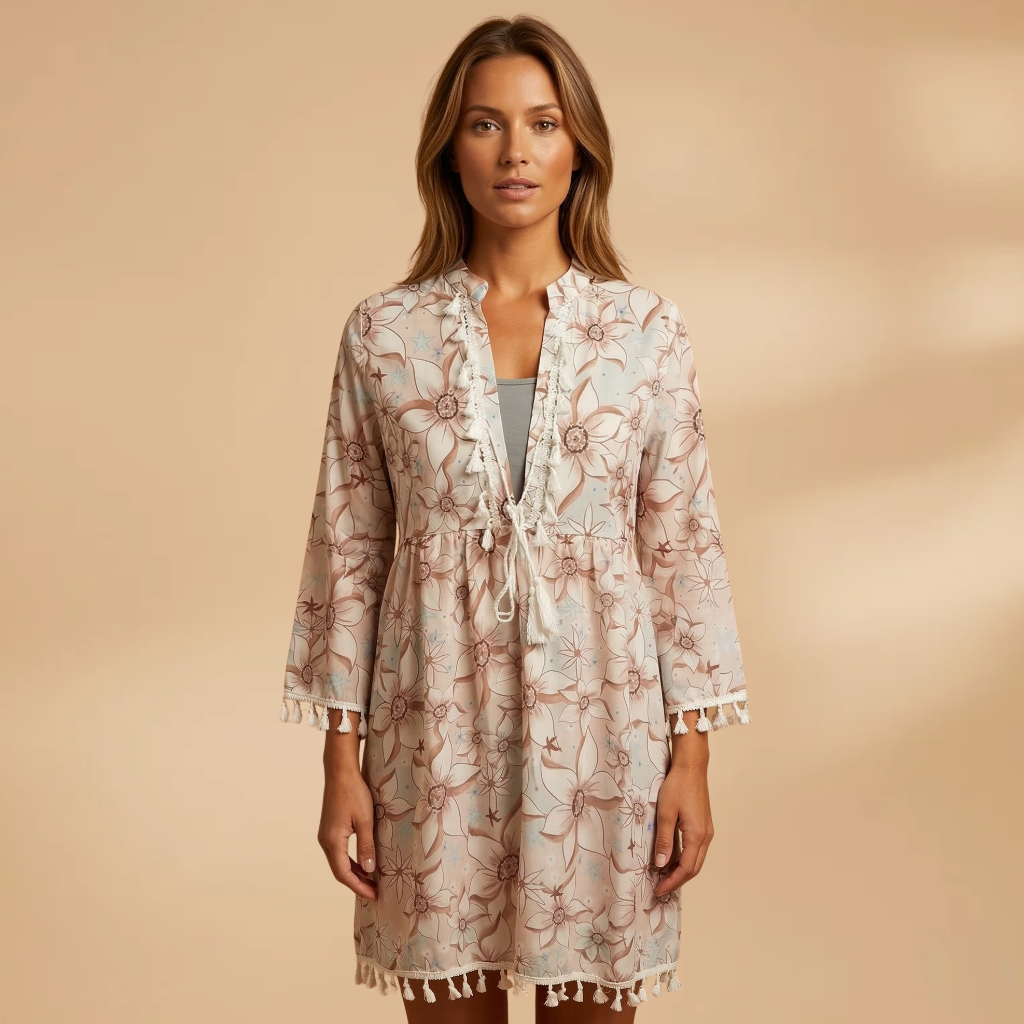 Dress with High Collar and Ruffled Sleeves for Women