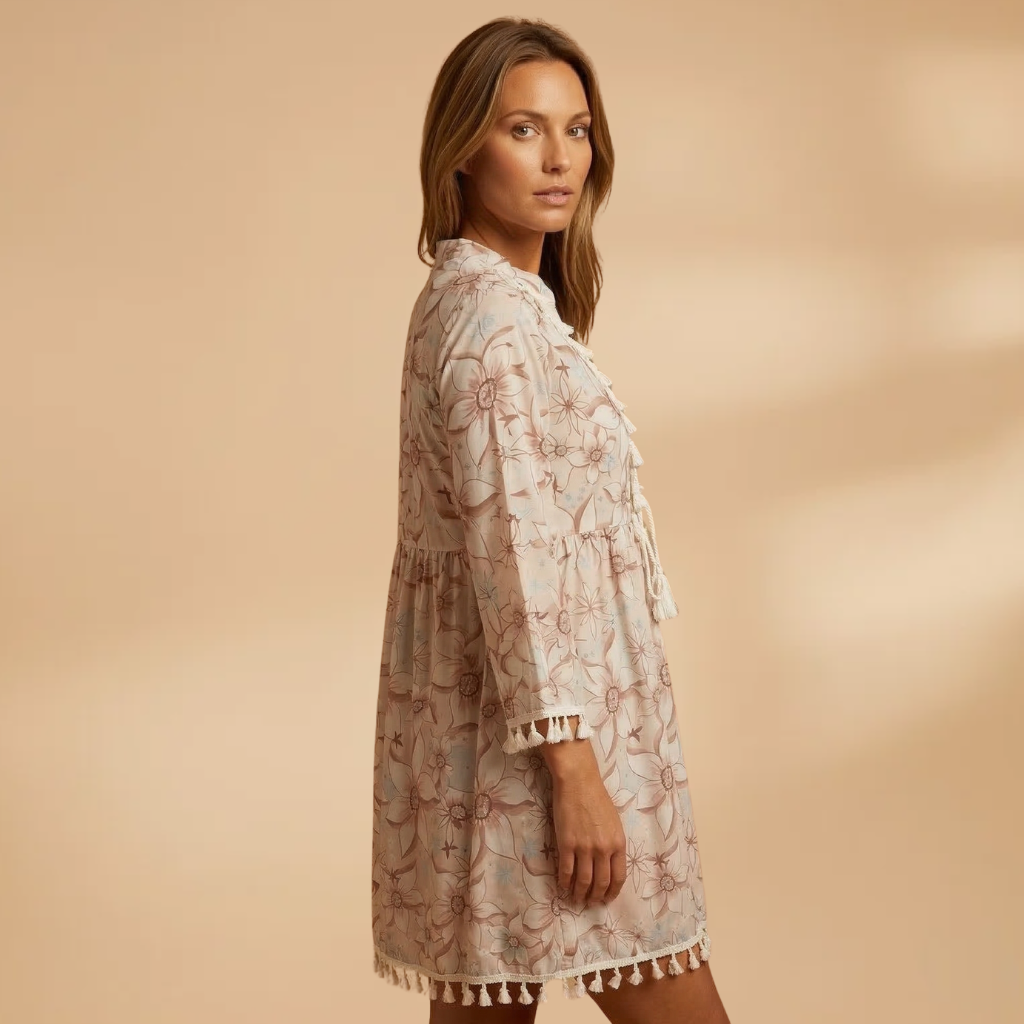Dress with High Collar and Ruffled Sleeves for Women