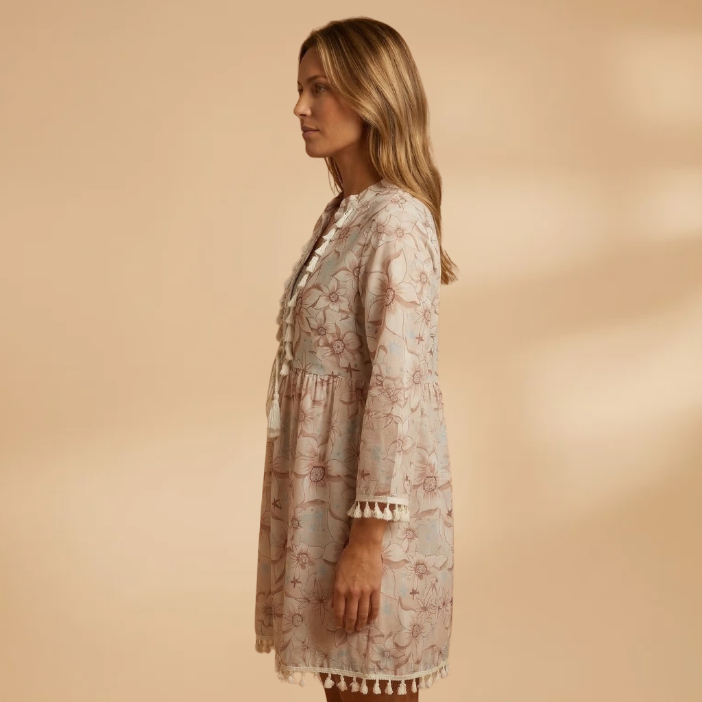 Dress with High Collar and Ruffled Sleeves for Women