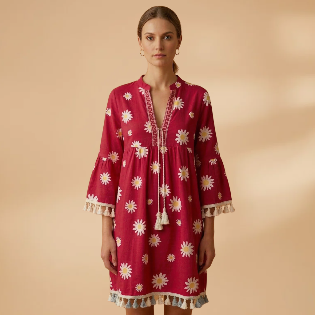 Dress V-Neckline and Tasselled Hems for Women