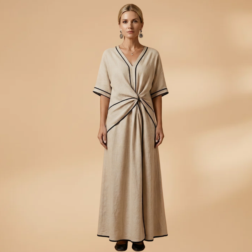 Dress with a V-neckline and contrasting trims for Women