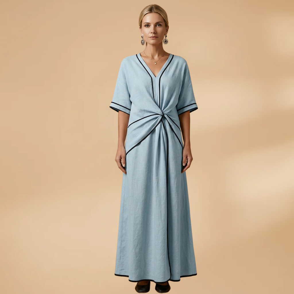 Dress with a V-neckline and contrasting trims for Women