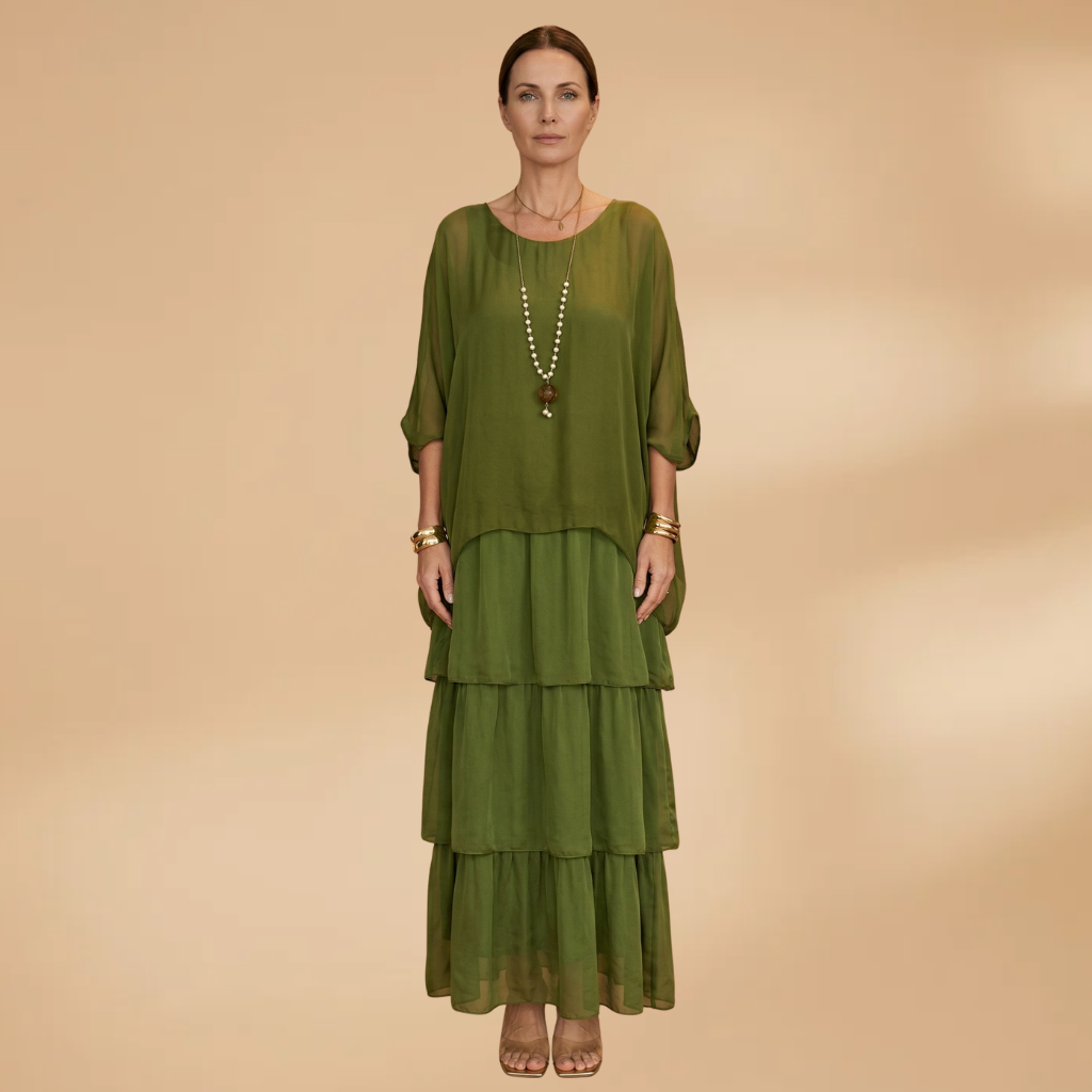 Dress with smocked sleeves and a maxi length for Women