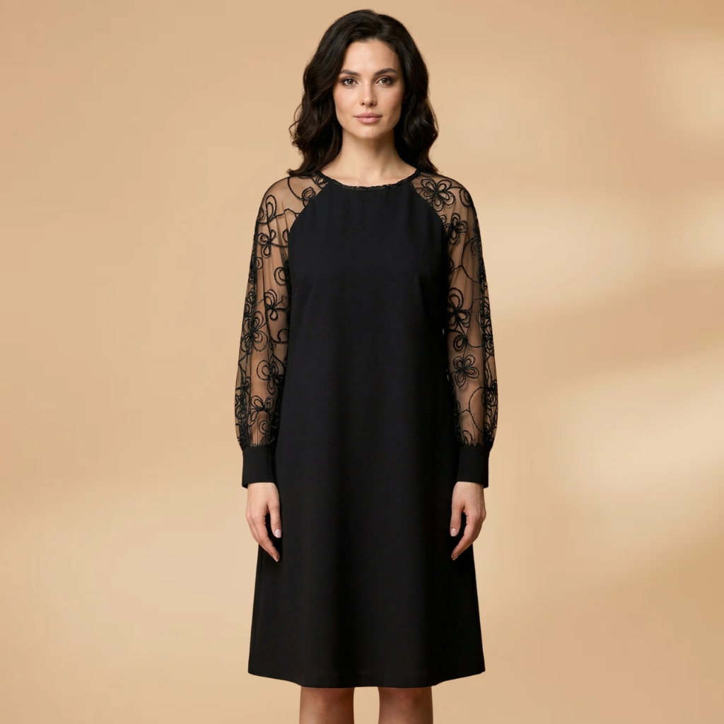 Dress with split lace sleeves and a fitted waist for Women