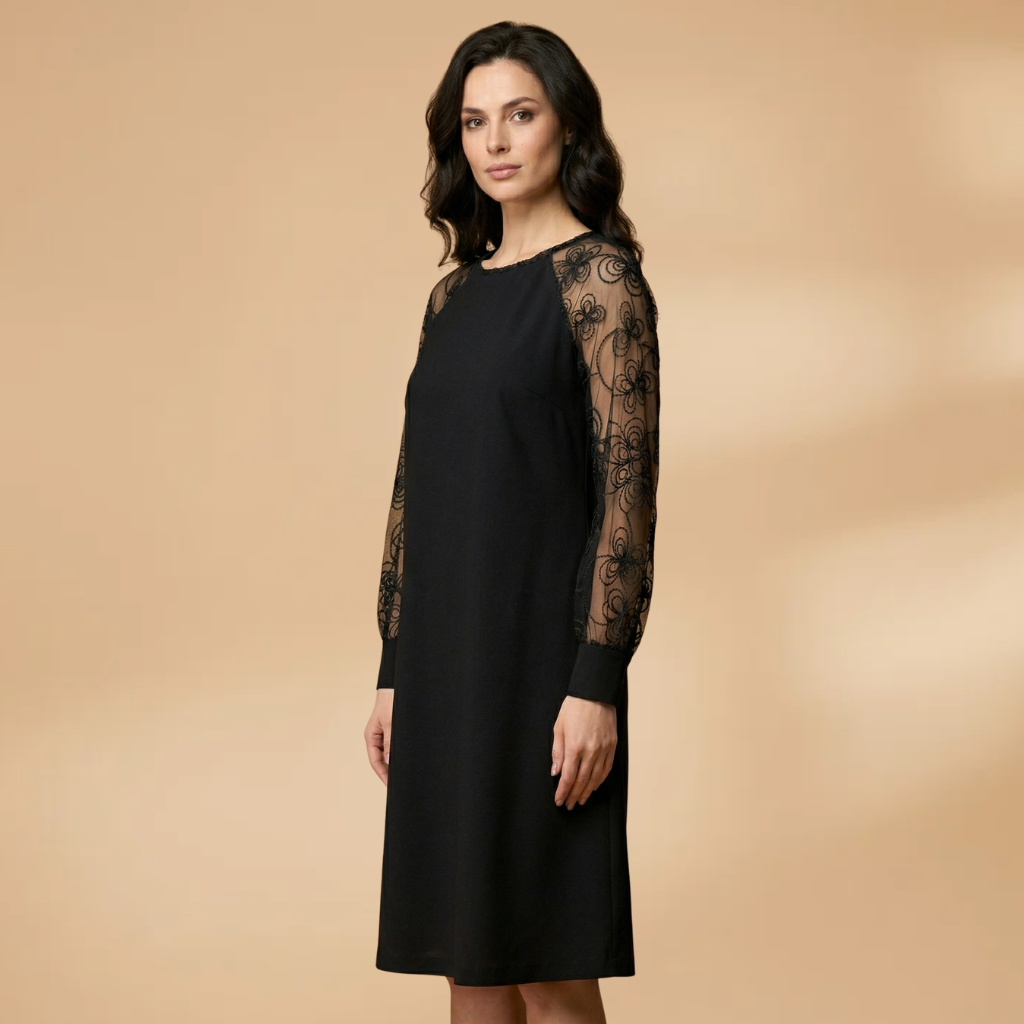 Dress with split lace sleeves and a fitted waist for Women