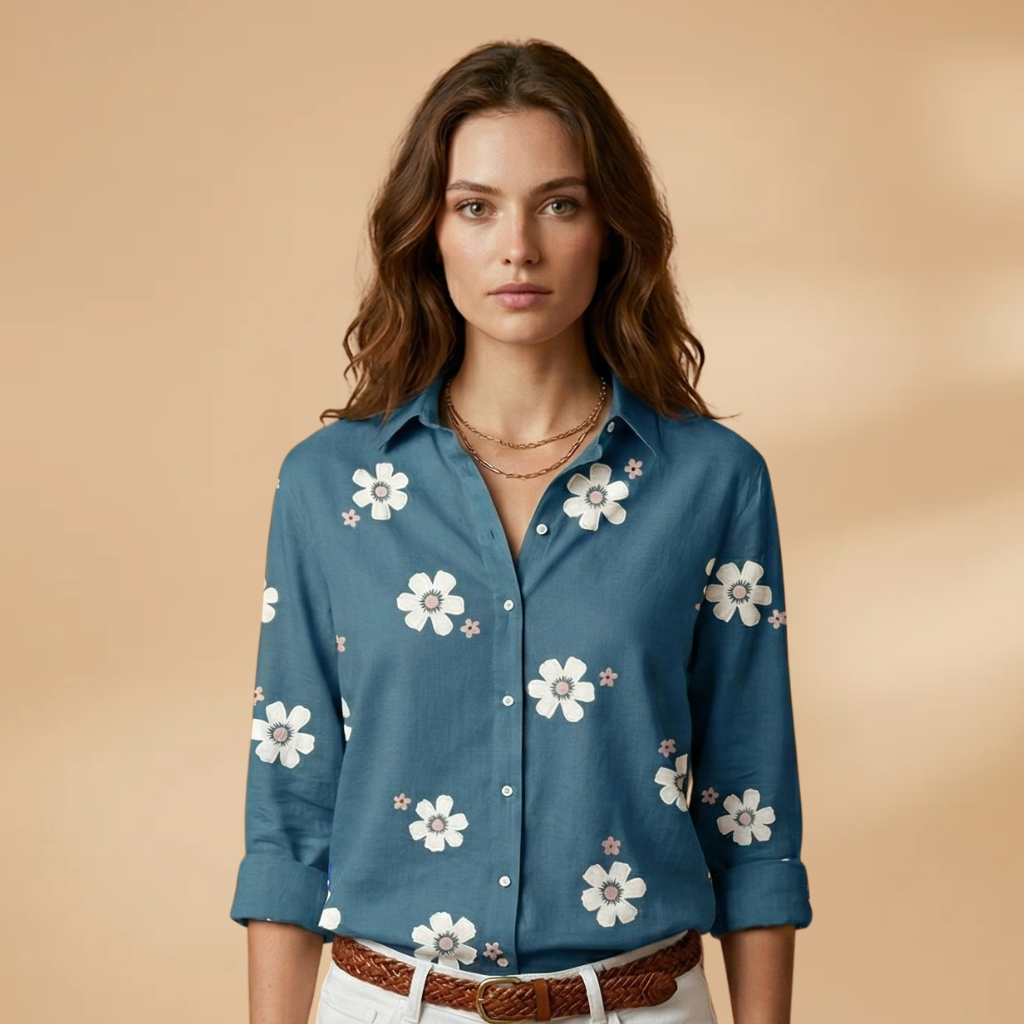 Floral Blouse with Shirt Collar and Button Closure for Women