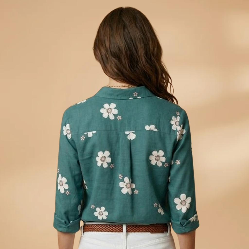 Floral Blouse with Shirt Collar and Button Closure for Women