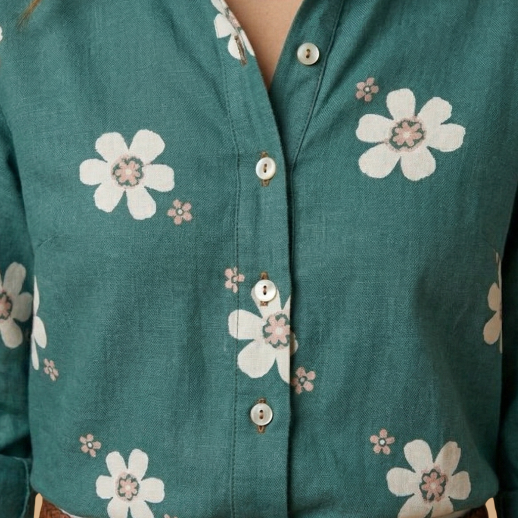 Floral Blouse with Shirt Collar and Button Closure for Women