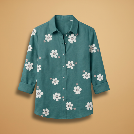 Floral Blouse with Shirt Collar and Button Closure for Women