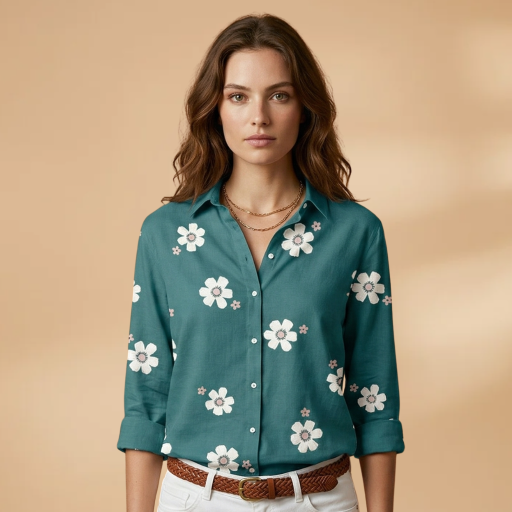 Floral Blouse with Shirt Collar and Button Closure for Women