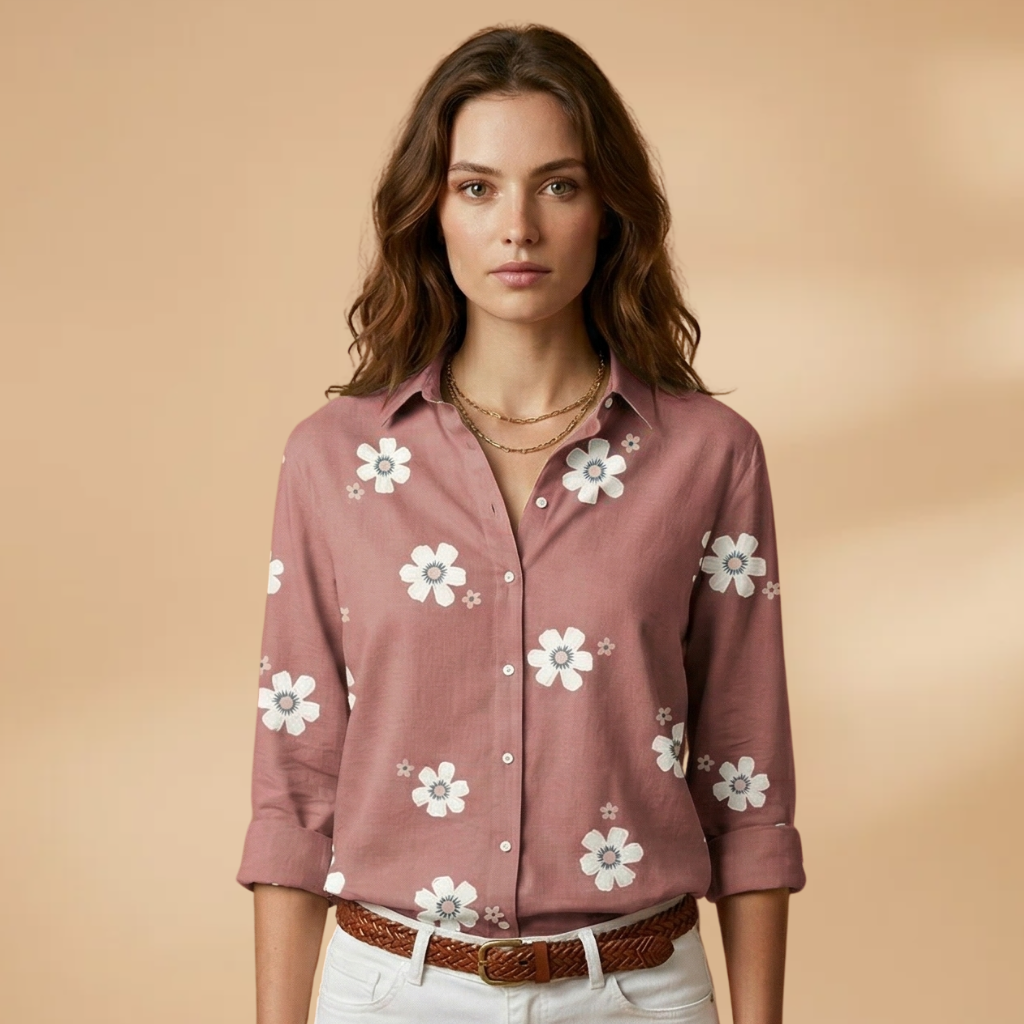 Floral Blouse with Shirt Collar and Button Closure for Women