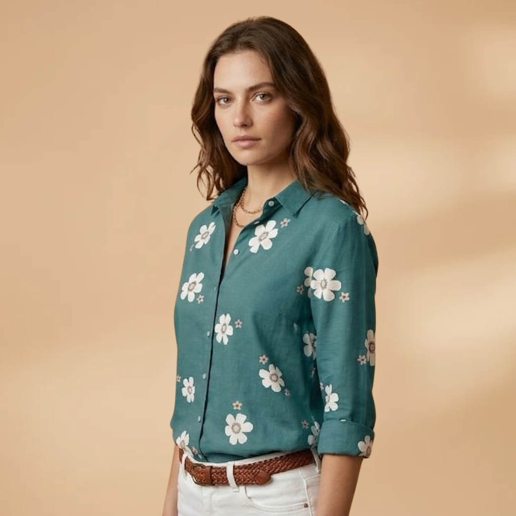 Floral Blouse with Shirt Collar and Button Closure for Women