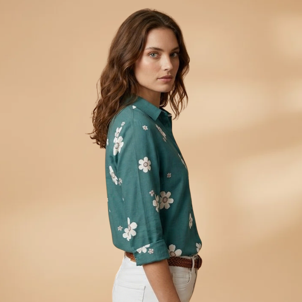 Floral Blouse with Shirt Collar and Button Closure for Women