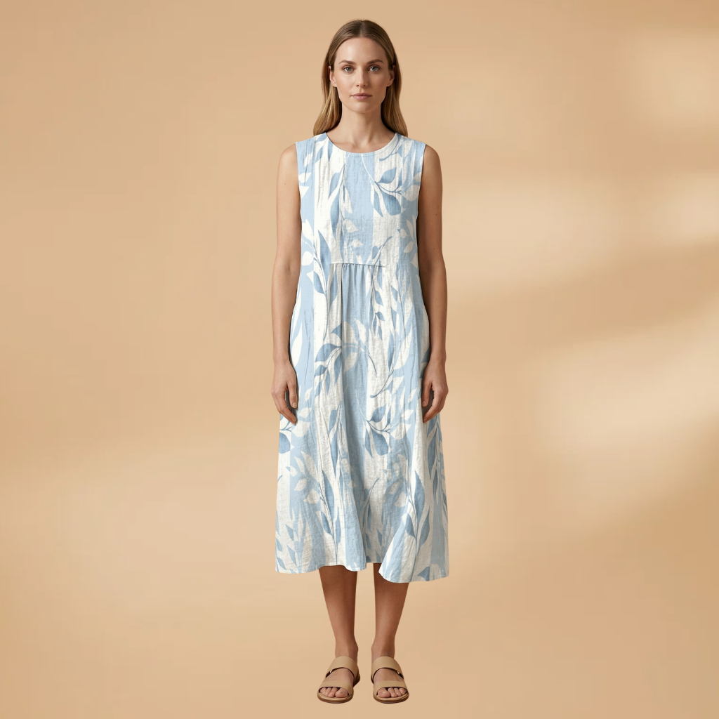 Leafy Midi Dress with Flowy Fit and Nature-Inspired Print for Women
