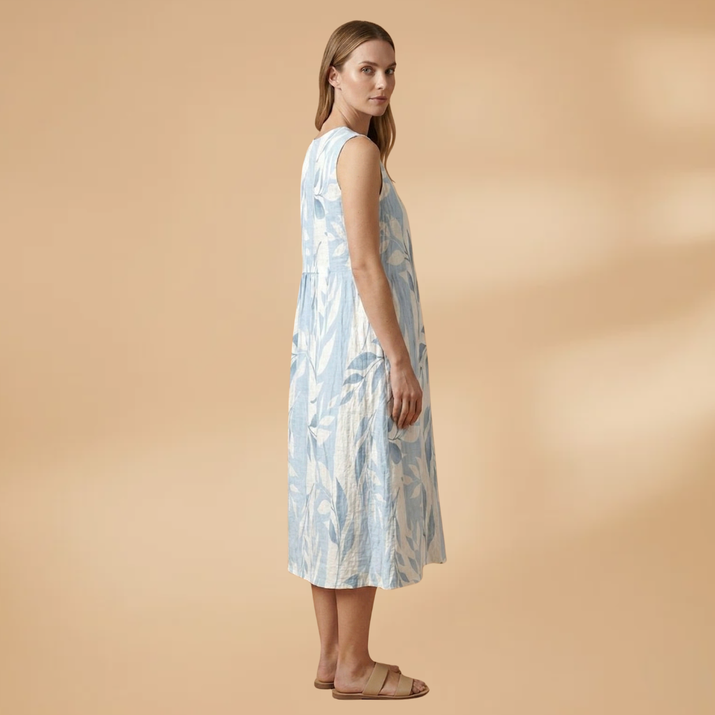 Leafy Midi Dress with Flowy Fit and Nature-Inspired Print for Women