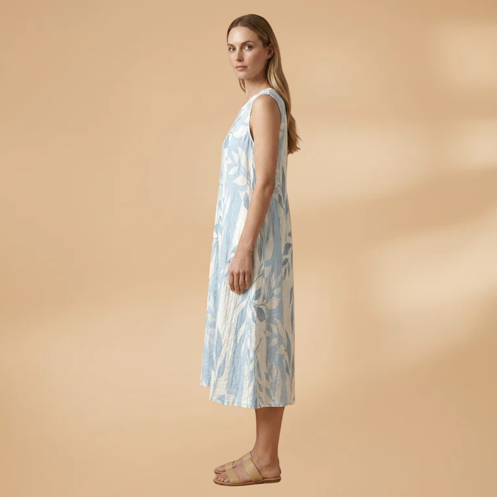 Leafy Midi Dress with Flowy Fit and Nature-Inspired Print for Women