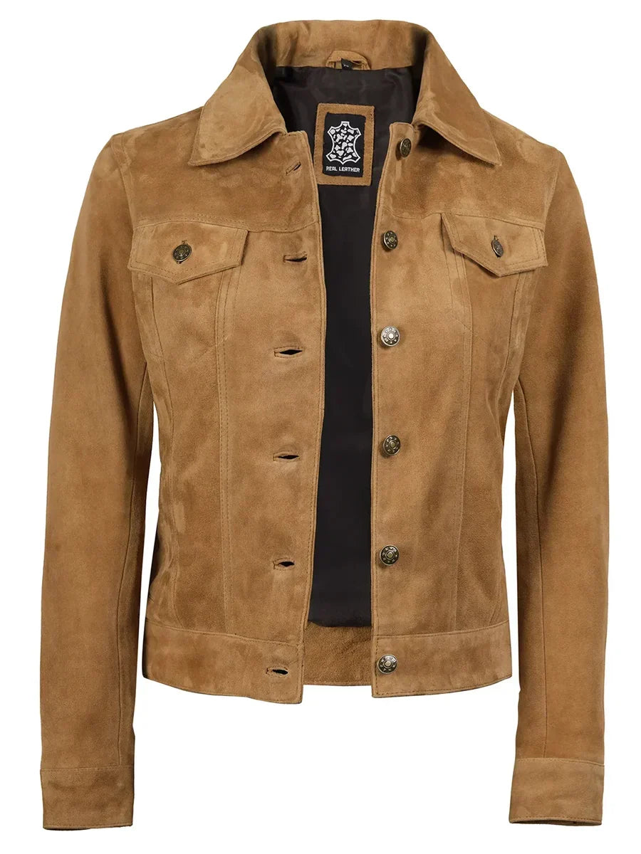 Women's Light Brown Suede Button-Front Trucker Jacket