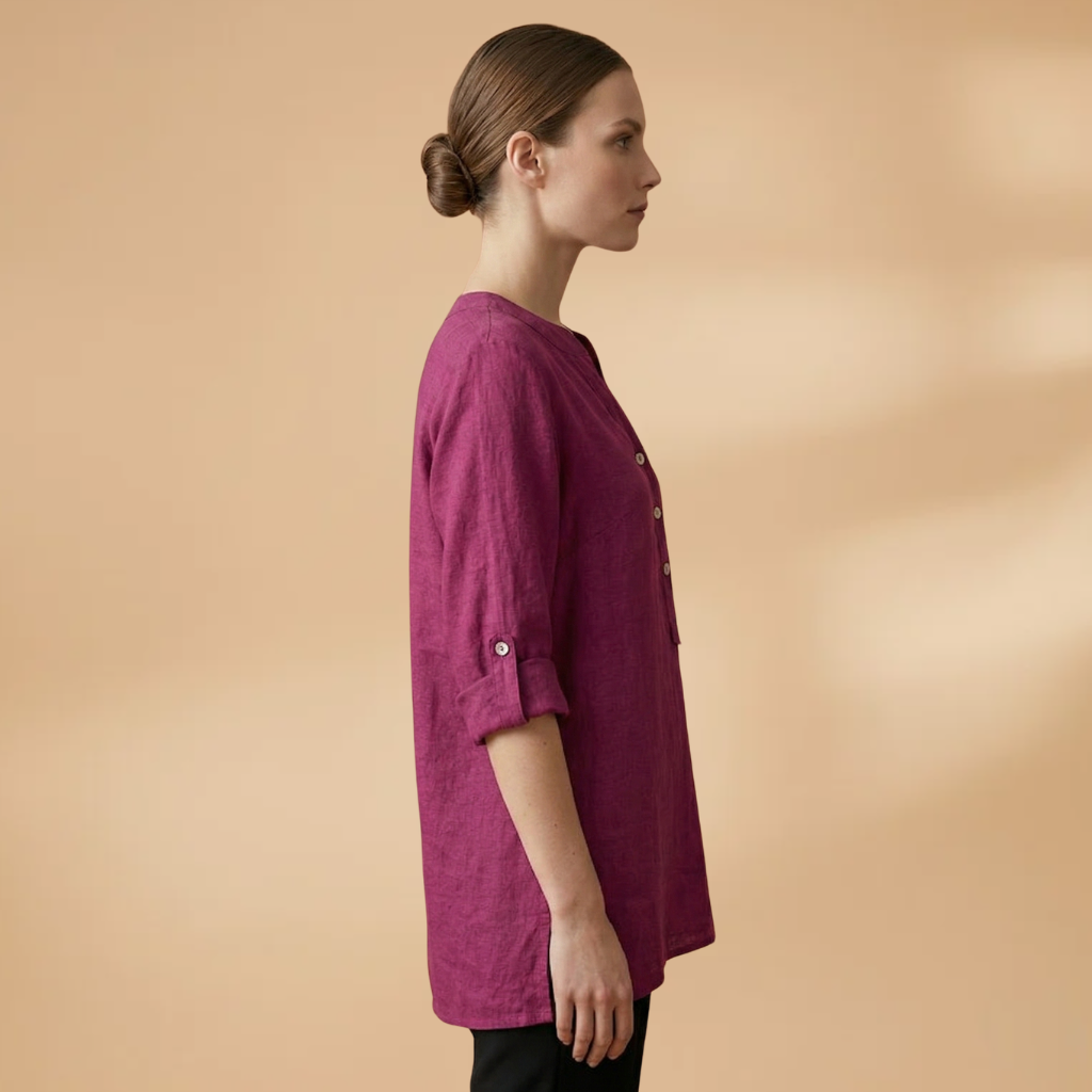 Linen Blouse with V-Neck and Rollable Sleeves for Women