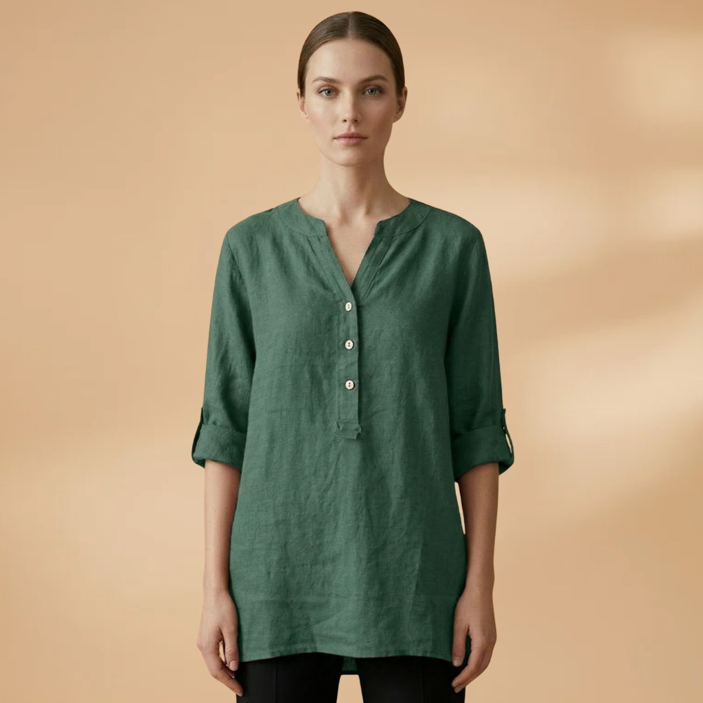 Linen Blouse with V-Neck and Rollable Sleeves for Women