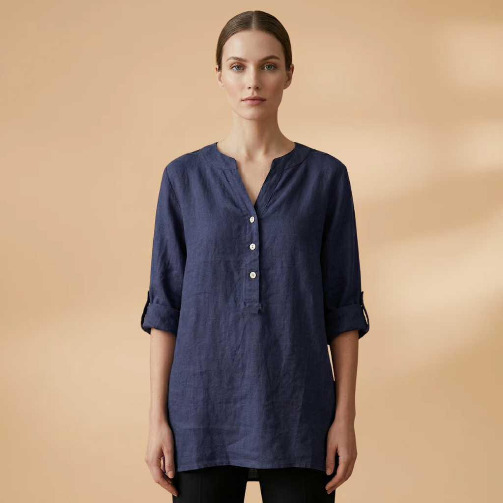 Linen Blouse with V-Neck and Rollable Sleeves for Women