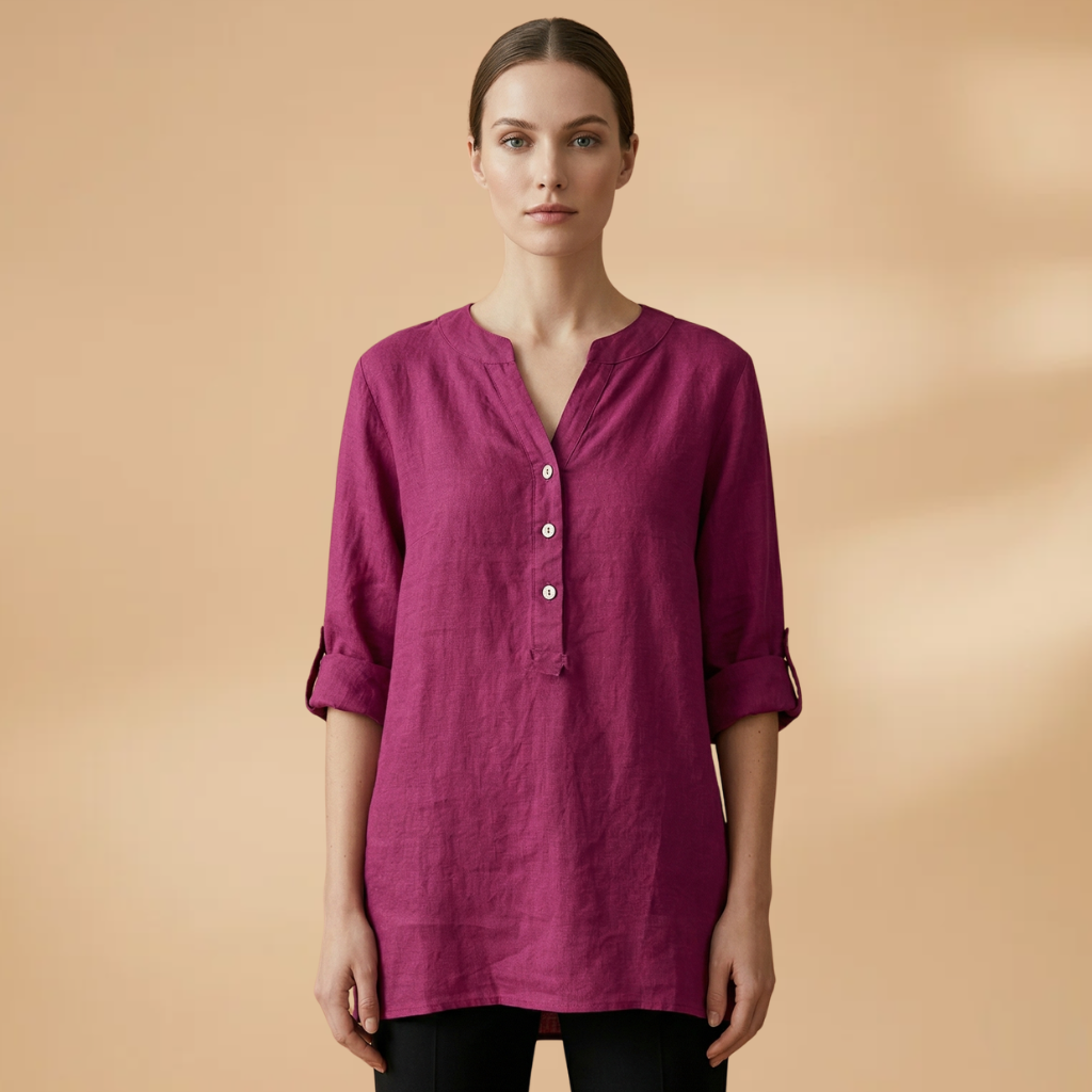 Linen Blouse with V-Neck and Rollable Sleeves for Women