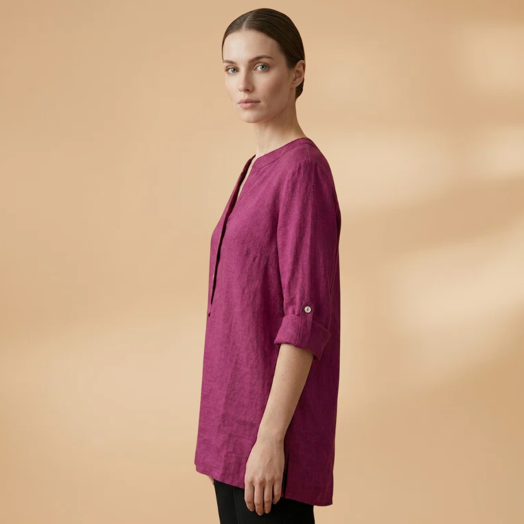 Linen Blouse with V-Neck and Rollable Sleeves for Women