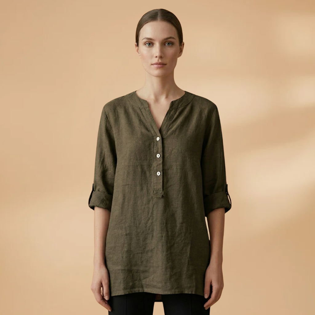 Linen Blouse with V-Neck and Rollable Sleeves for Women