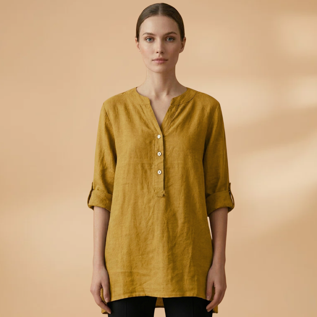 Linen Blouse with V-Neck and Rollable Sleeves for Women