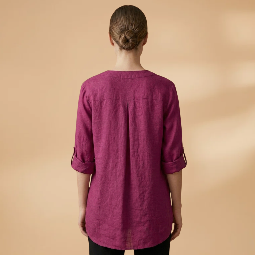 Linen Blouse with V-Neck and Rollable Sleeves for Women