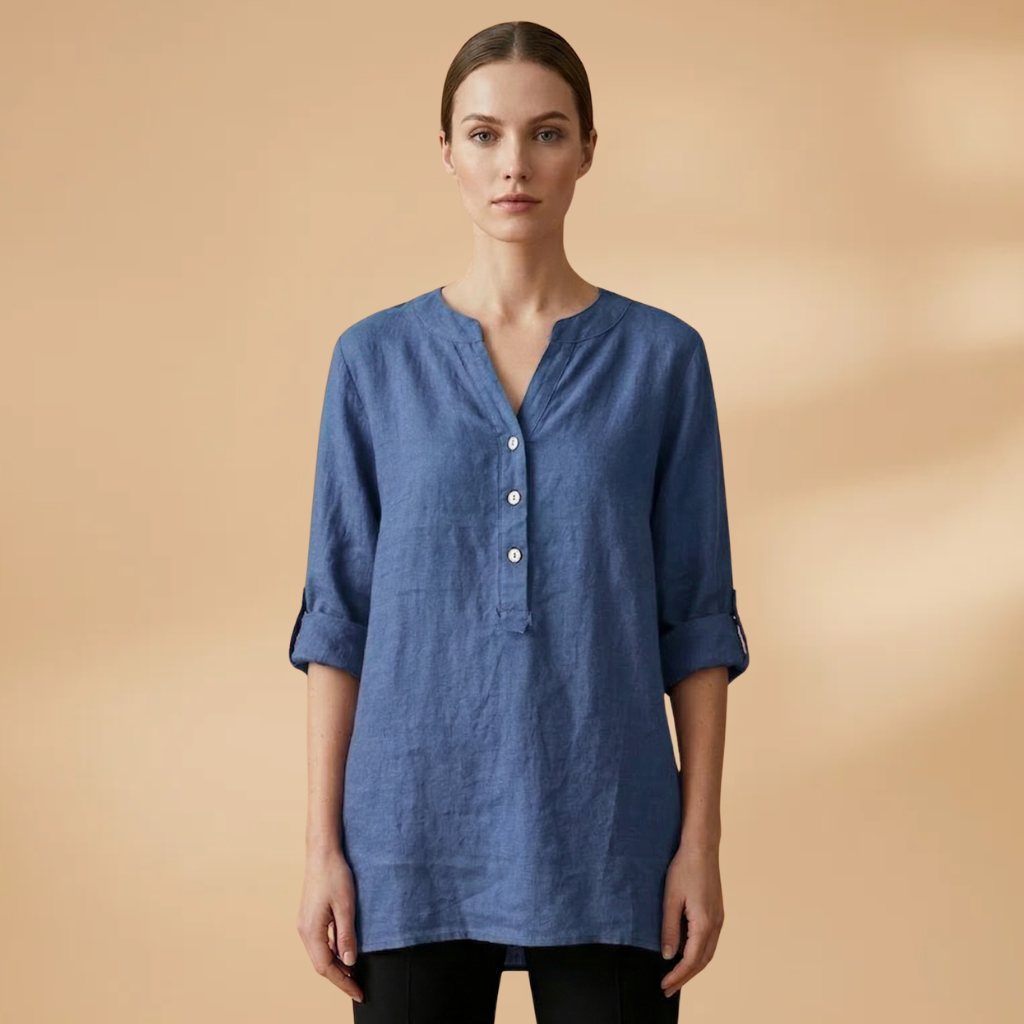 Linen Blouse with V-Neck and Rollable Sleeves for Women