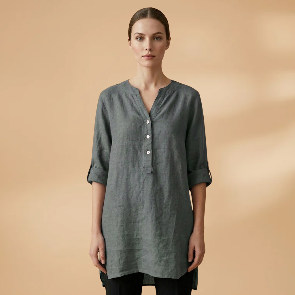 Linen Blouse with V-Neck and Rollable Sleeves for Women