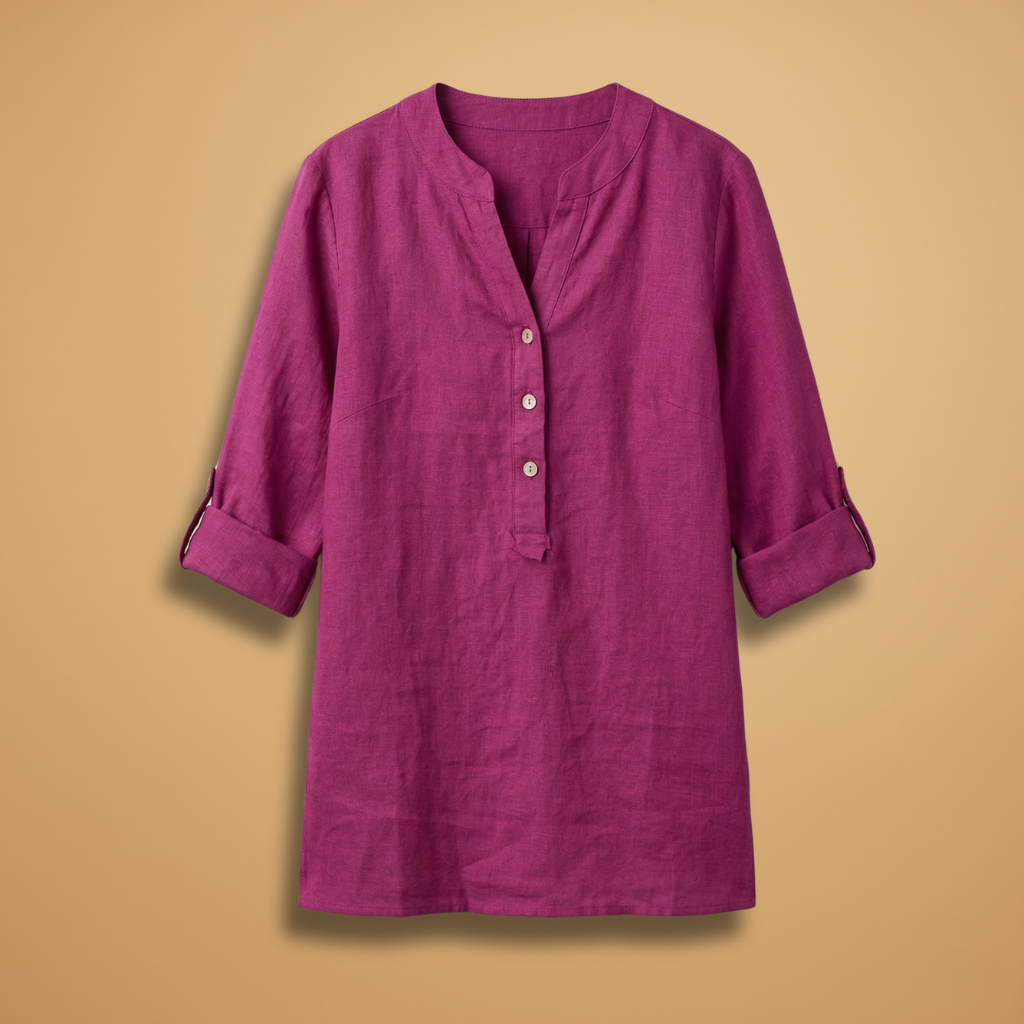 Linen Blouse with V-Neck and Rollable Sleeves for Women