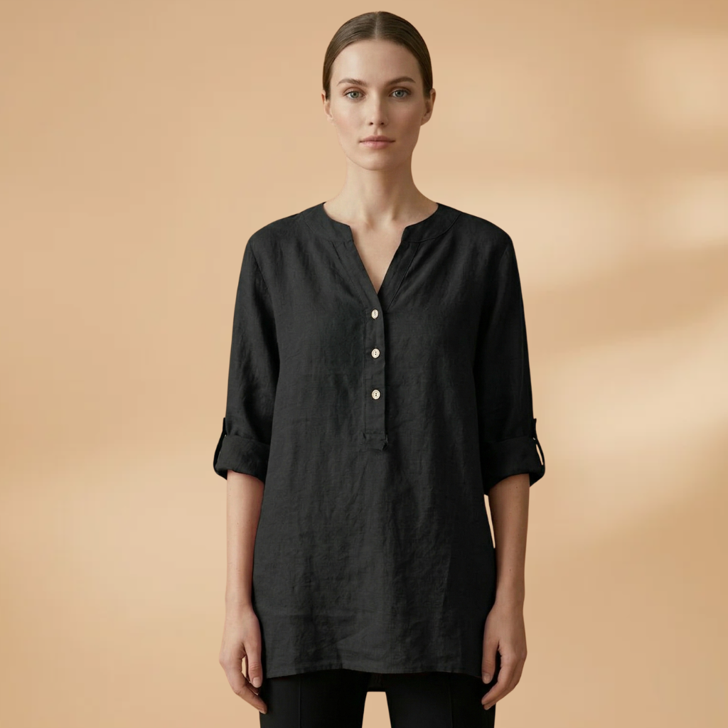 Linen Blouse with V-Neck and Rollable Sleeves for Women