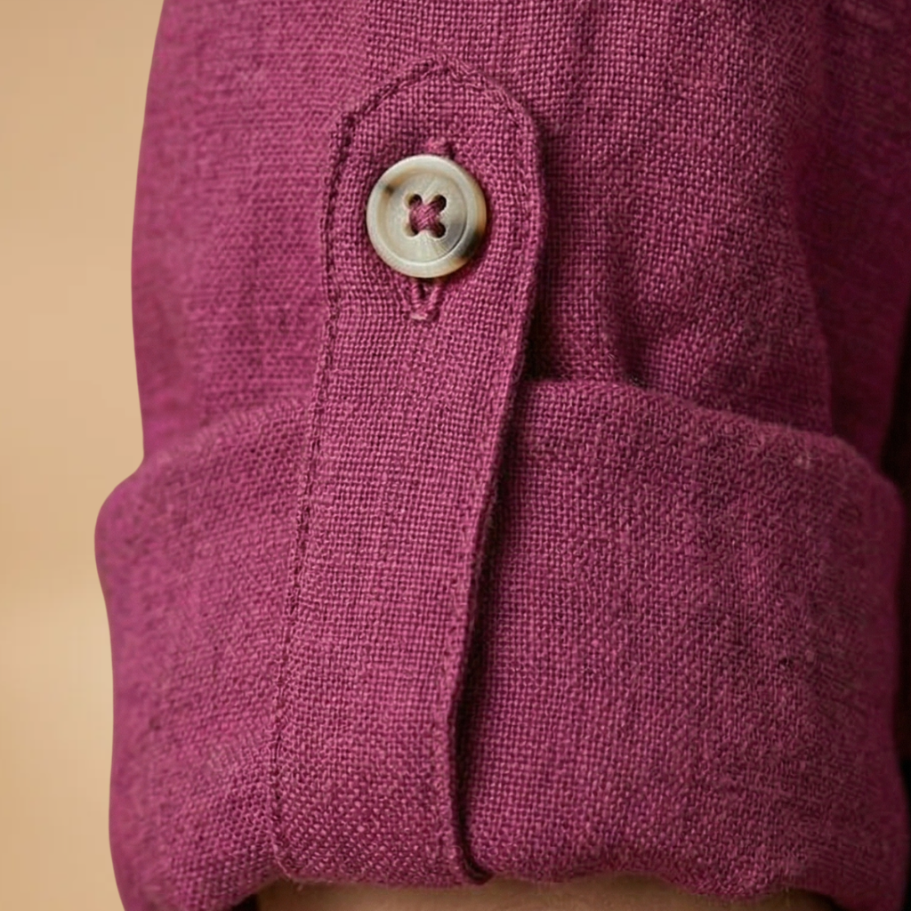 Linen Blouse with V-Neck and Rollable Sleeves for Women
