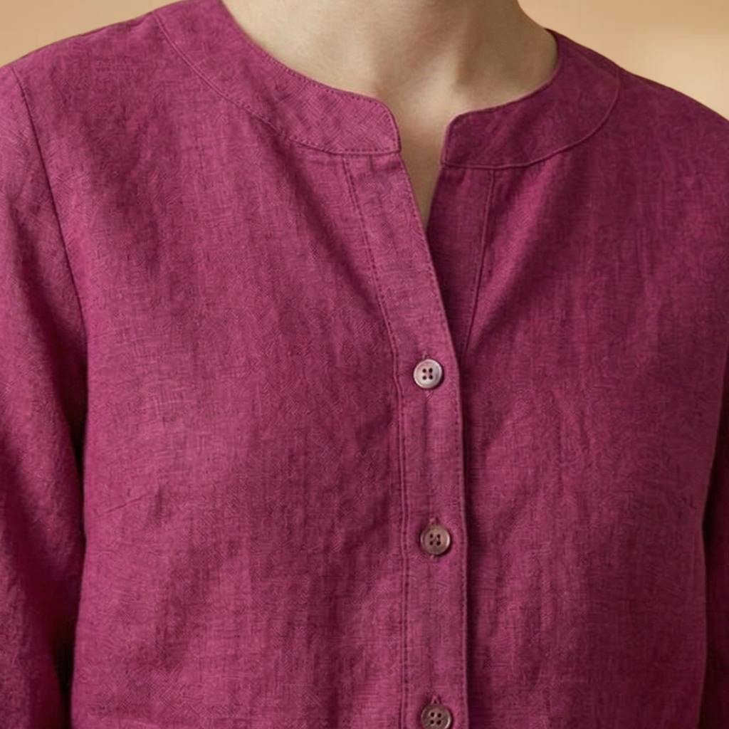 Linen Blouse with V-Neck and Rollable Sleeves for Women