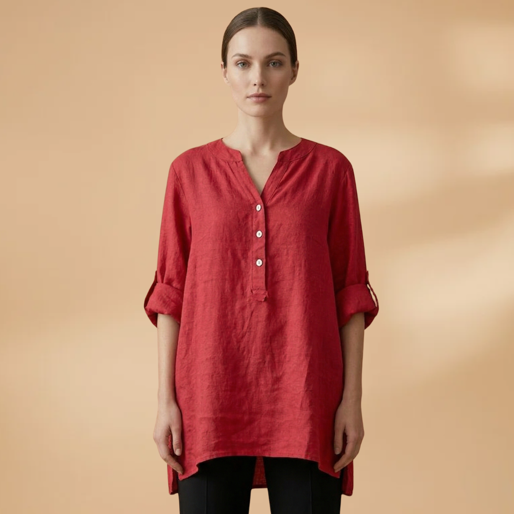 Linen Blouse with V-Neck and Rollable Sleeves for Women