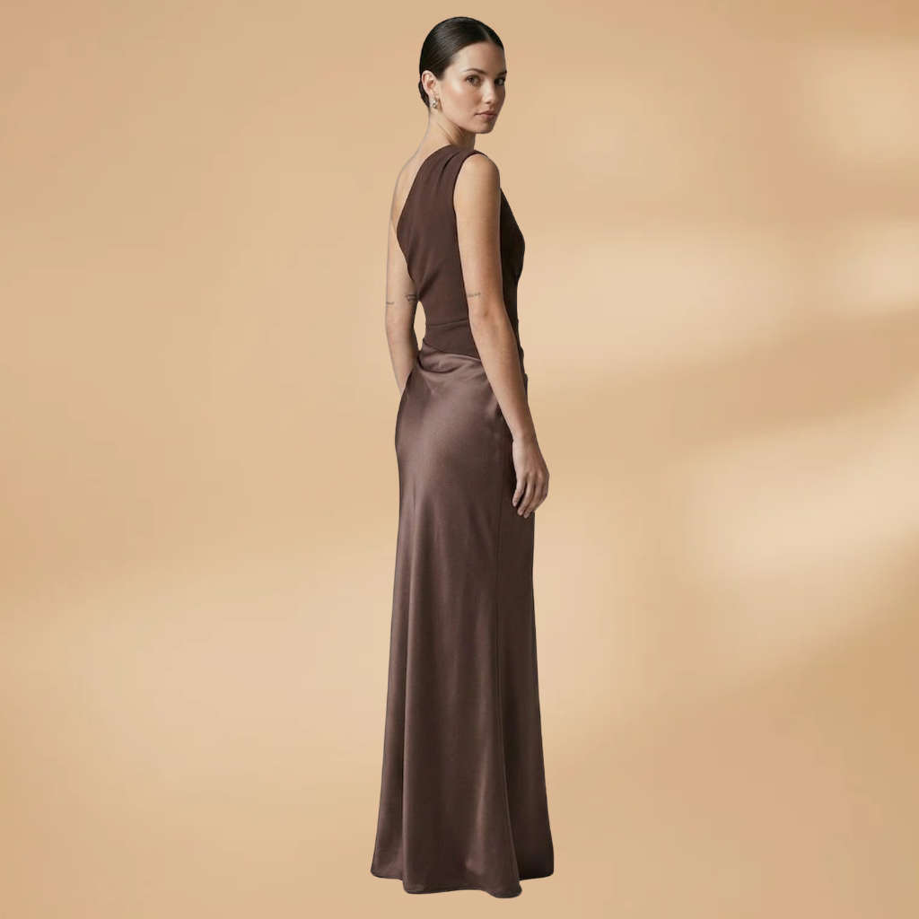 Maxi Dress with Asymmetric Neckline and Pleated Surface for Women