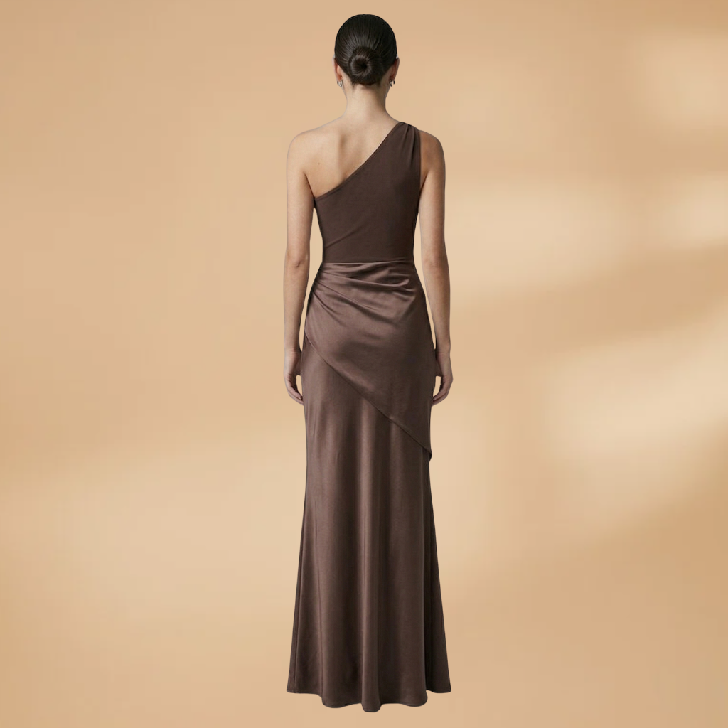 Maxi Dress with Asymmetric Neckline and Pleated Surface for Women