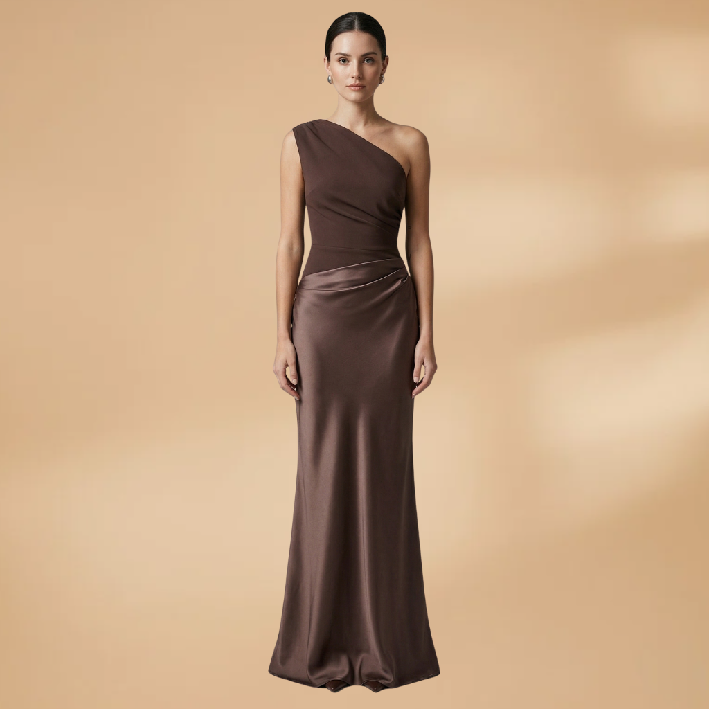 Maxi Dress with Asymmetric Neckline and Pleated Surface for Women