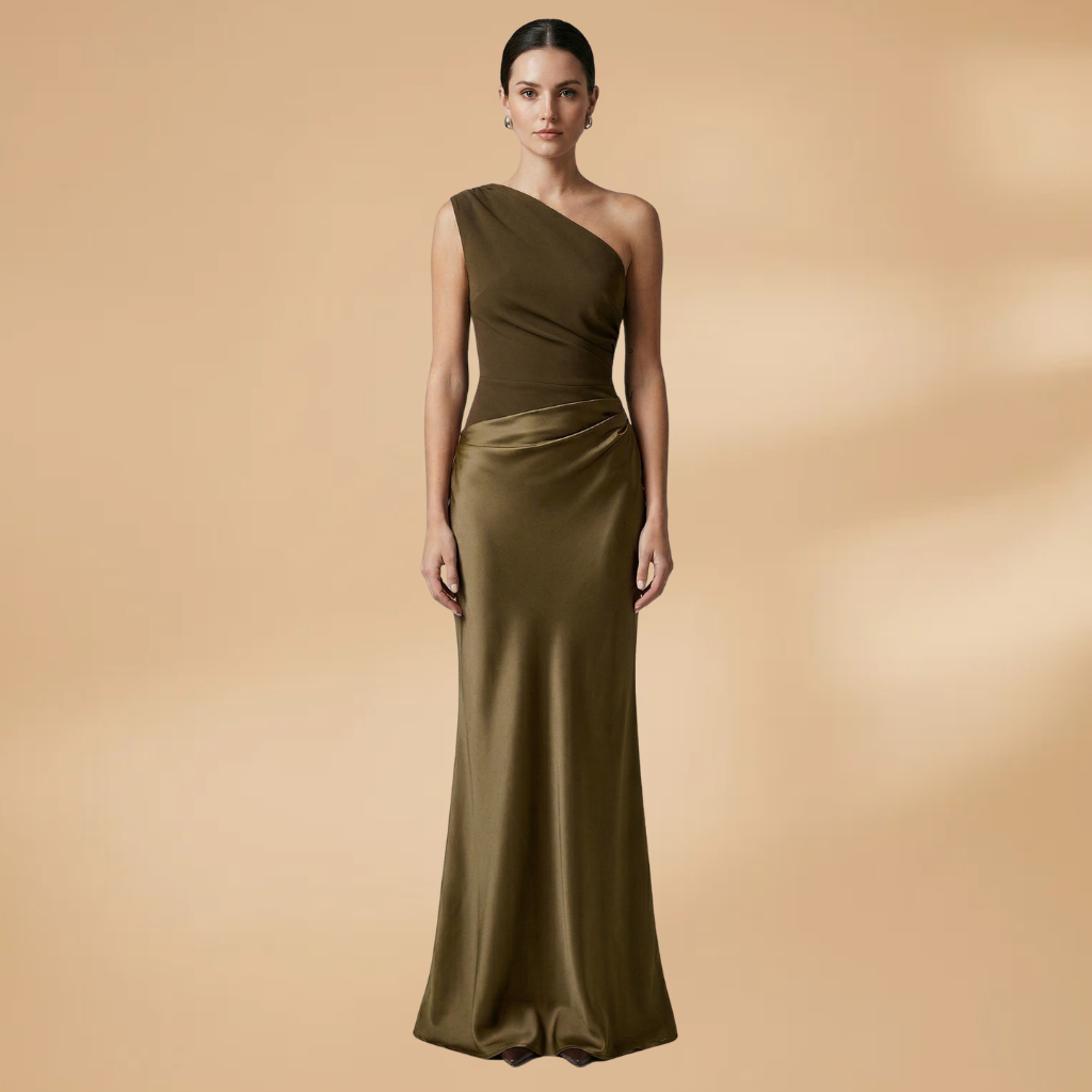 Maxi Dress with Asymmetric Neckline and Pleated Surface for Women