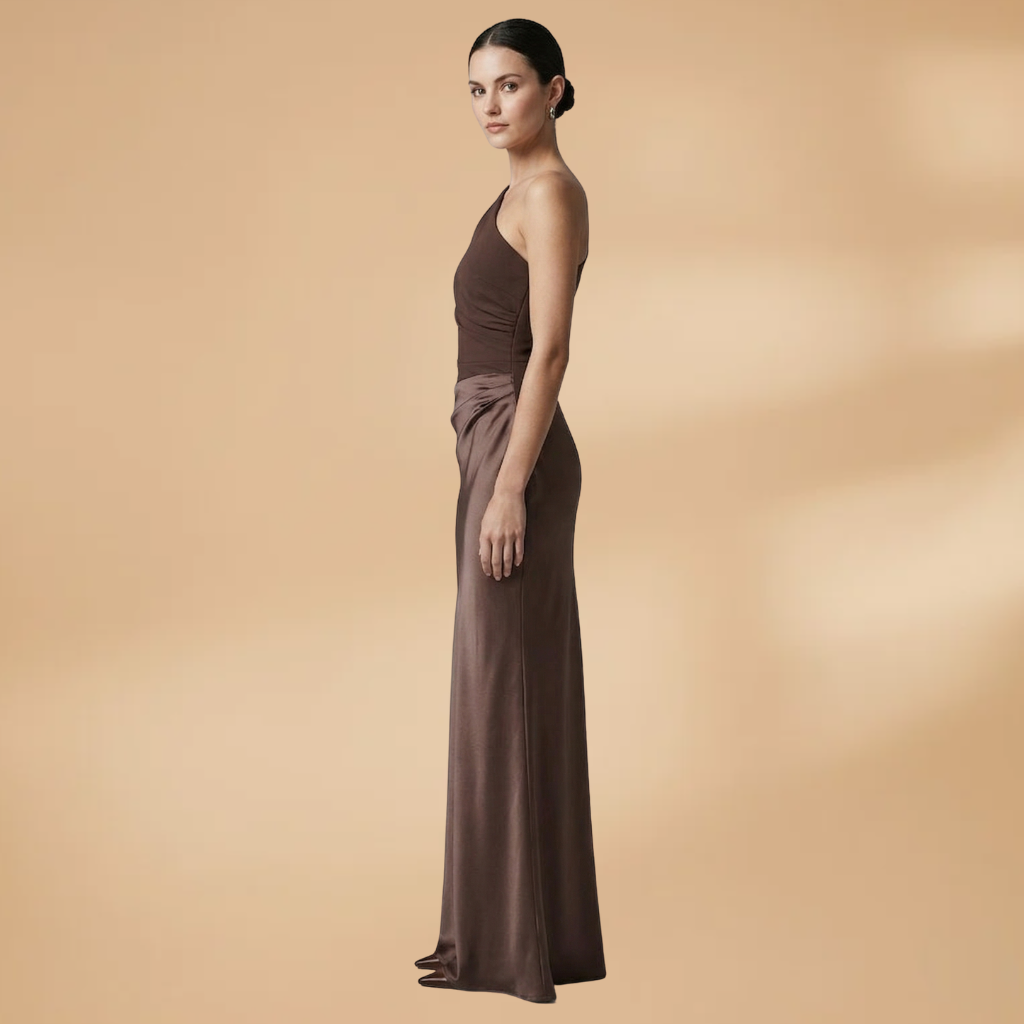 Maxi Dress with Asymmetric Neckline and Pleated Surface for Women