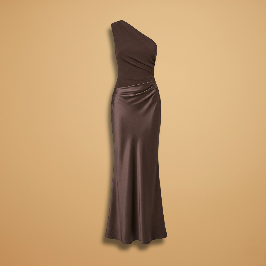 Maxi Dress with Asymmetric Neckline and Pleated Surface for Women