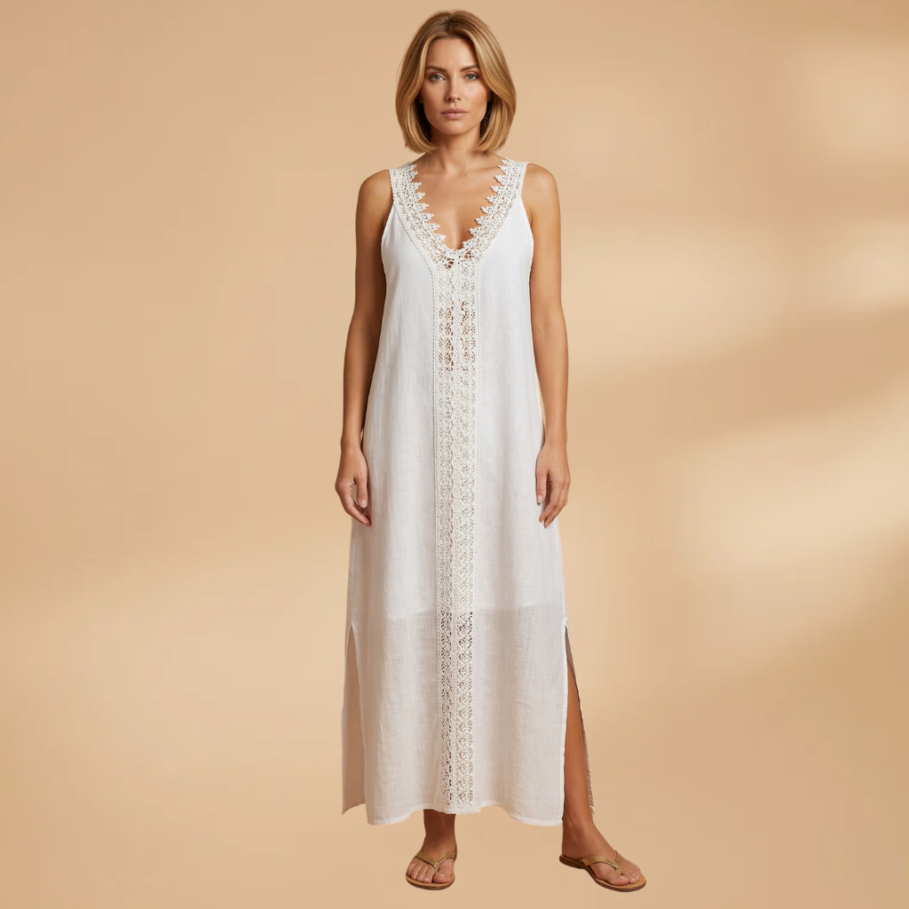 Maxi Dress with Lace Trim and Side Slits for Women