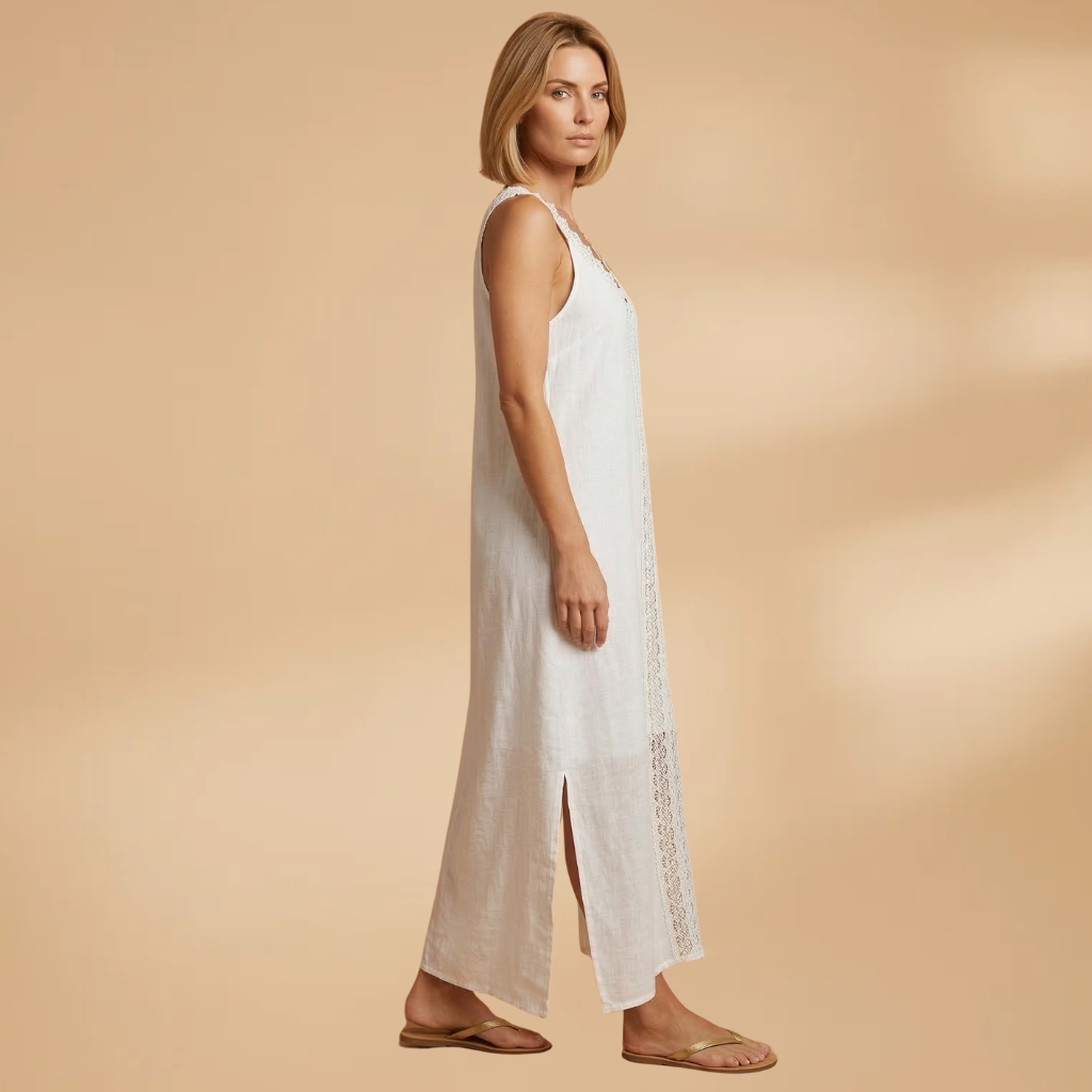 Maxi Dress with Lace Trim and Side Slits for Women