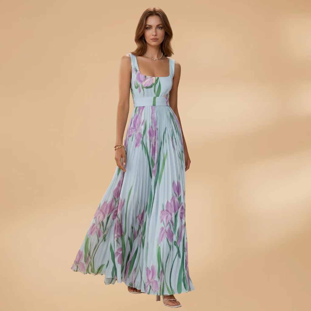 Maxi Dress with Square Neckline and Pleats for Women