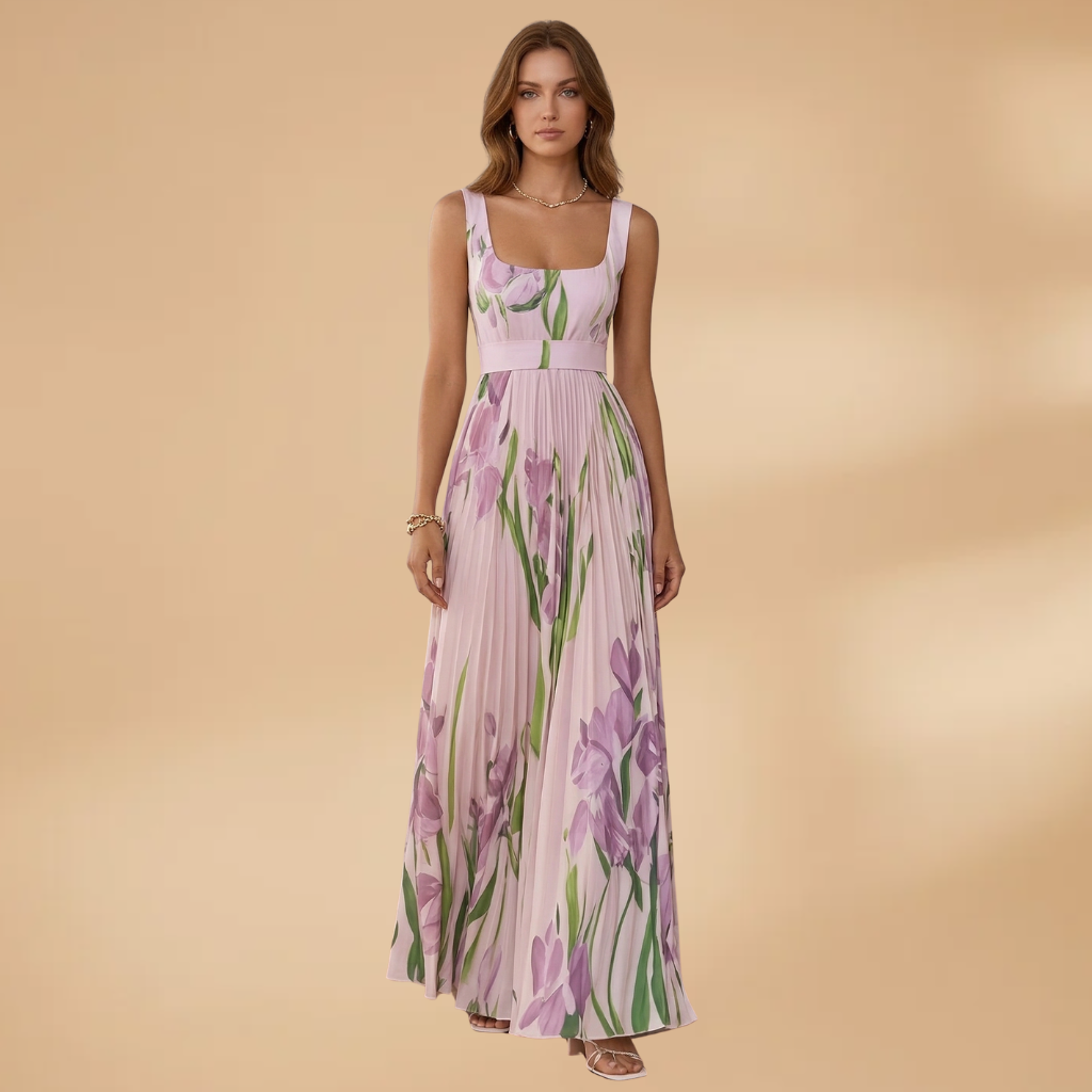 Maxi Dress with Square Neckline and Pleats for Women