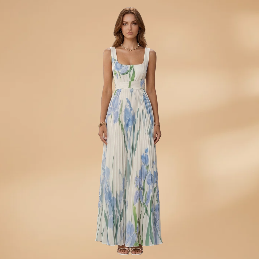 Maxi Dress with Square Neckline and Pleats for Women