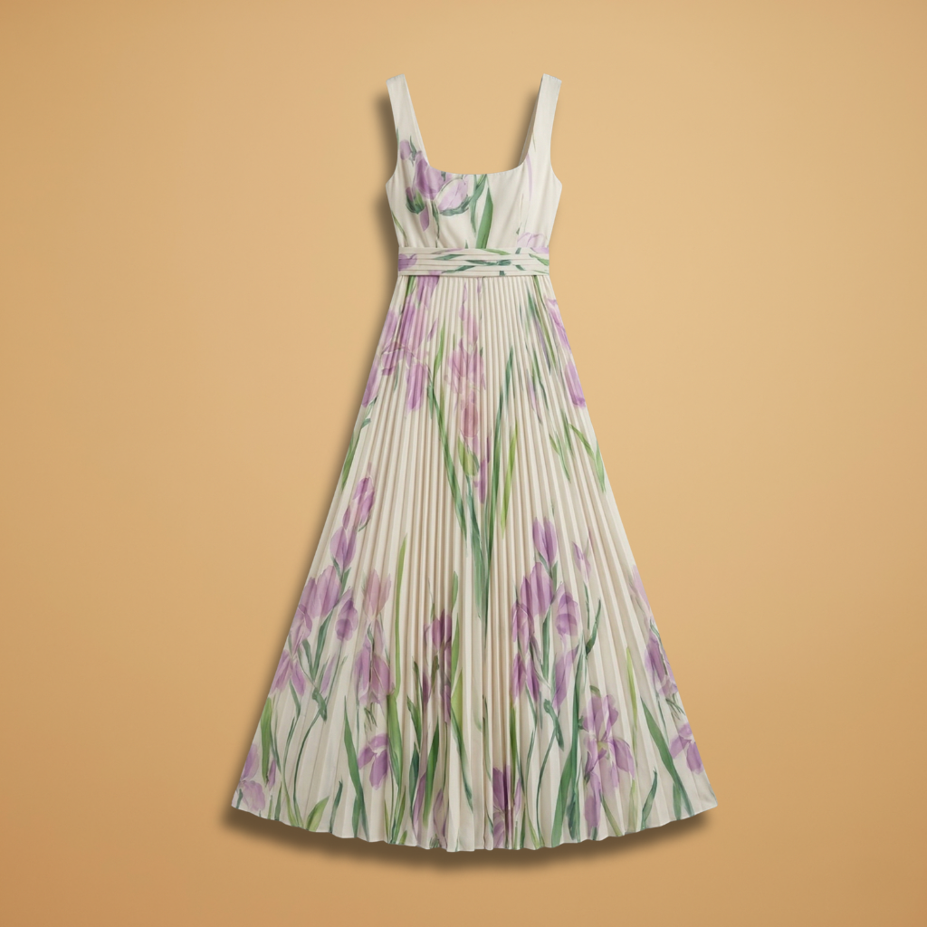 Maxi Dress with Square Neckline and Pleats for Women