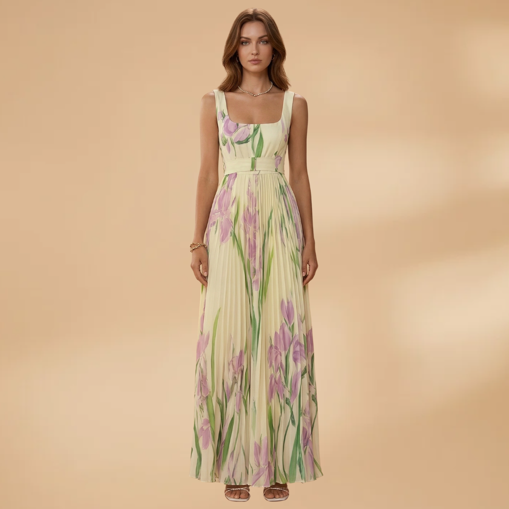 Maxi Dress with Square Neckline and Pleats for Women